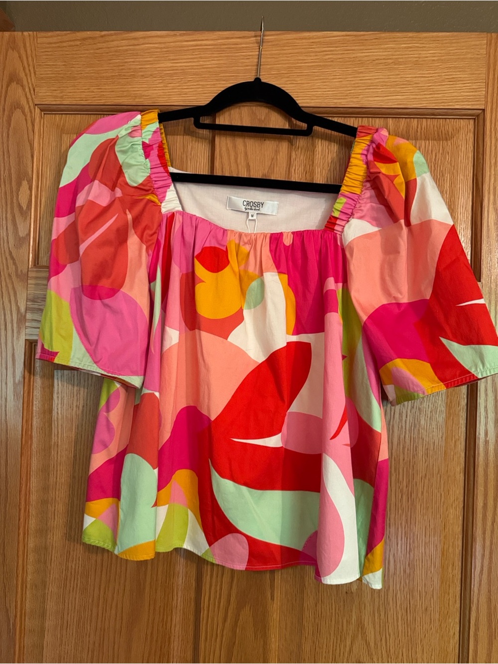 Crosby Multi color top with square neckline and puff sleeve detail. NWT Sz Med